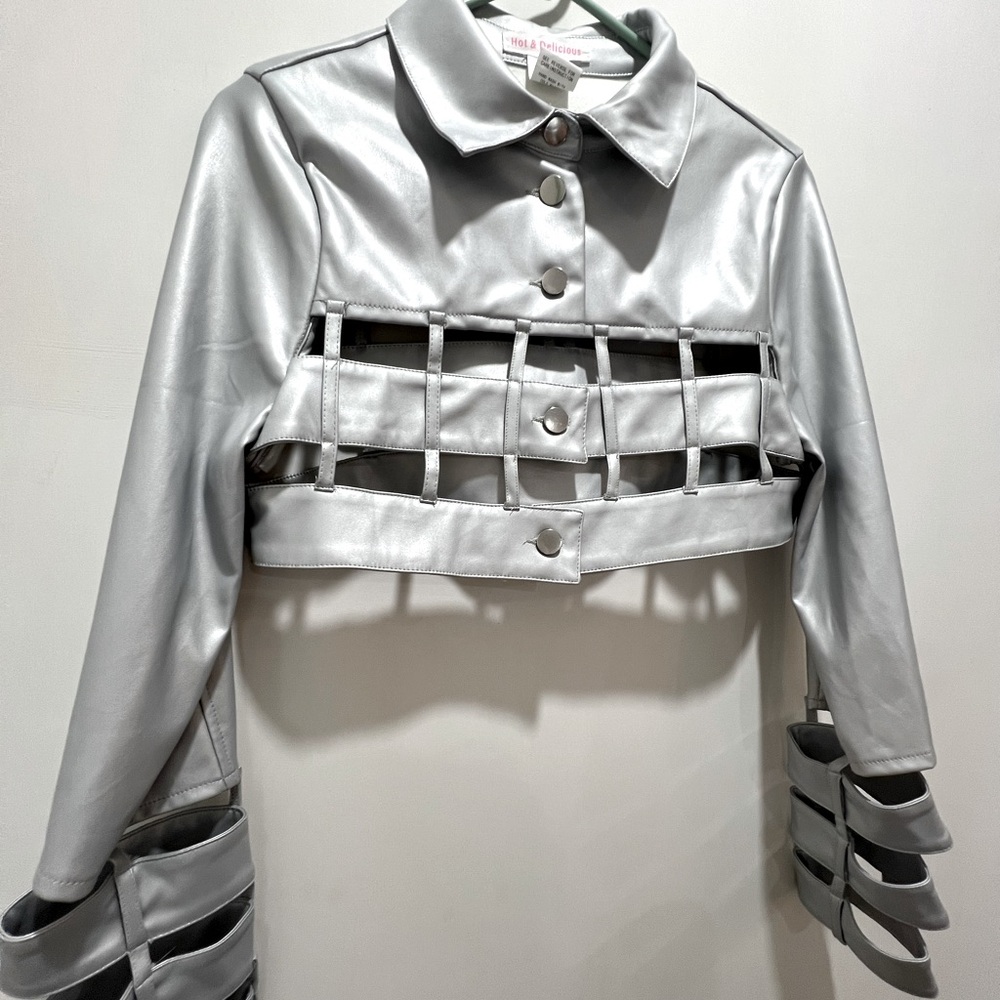 Cropped Cut Out Long Sleeve Faux Leather Jacket - silver - Dolls Kill. Size S